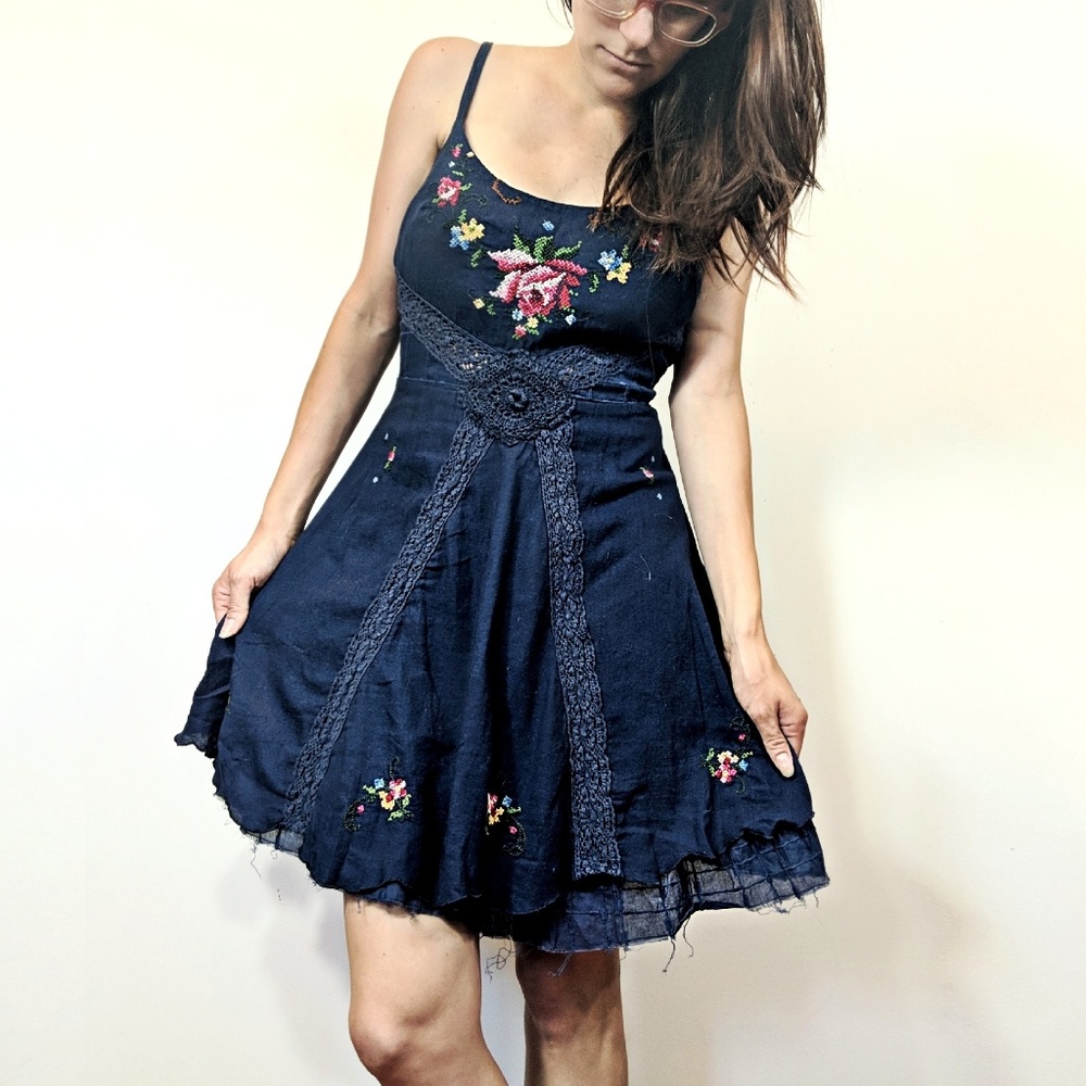 Free People Navy Embroidered Strappy Dress